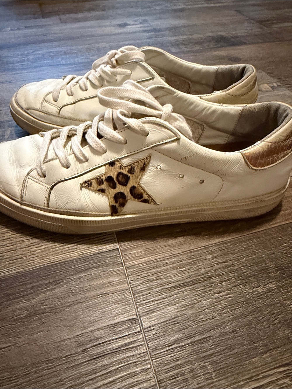 Cream Leather Low-Top Sneakers with Leopard Star Accent - Picture 6 of 8